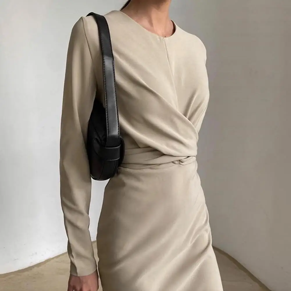 

Elegant Lady Dress Solid Color Draped Long Sleeve Slim Tight Waist Knee Length Casual Straight Slim Pencil Dress For Work