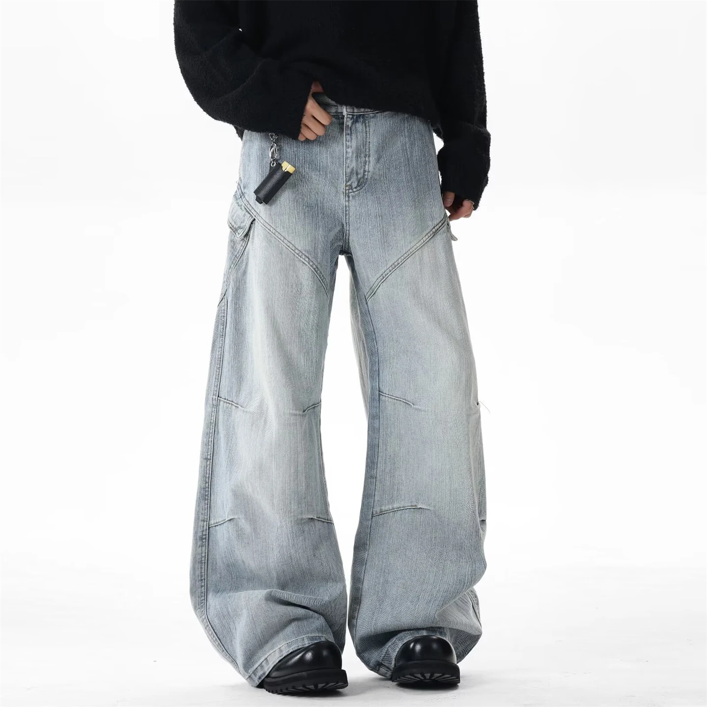 

Мужские джинсы в стиле ретро-американский деконструктивизм, свободные, прямые, широкие штанины, модные, брендовые, Haome Knife, длинные брюки, с элементами кэжуал-стиля.