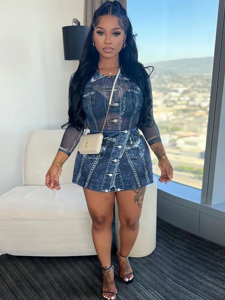 

2 Piece Women Sets 2025 New Arrival Summer Autumn Matching Sets Mesh Print Two Pieces Sets Top And Skirt Suits Outfits Clothing