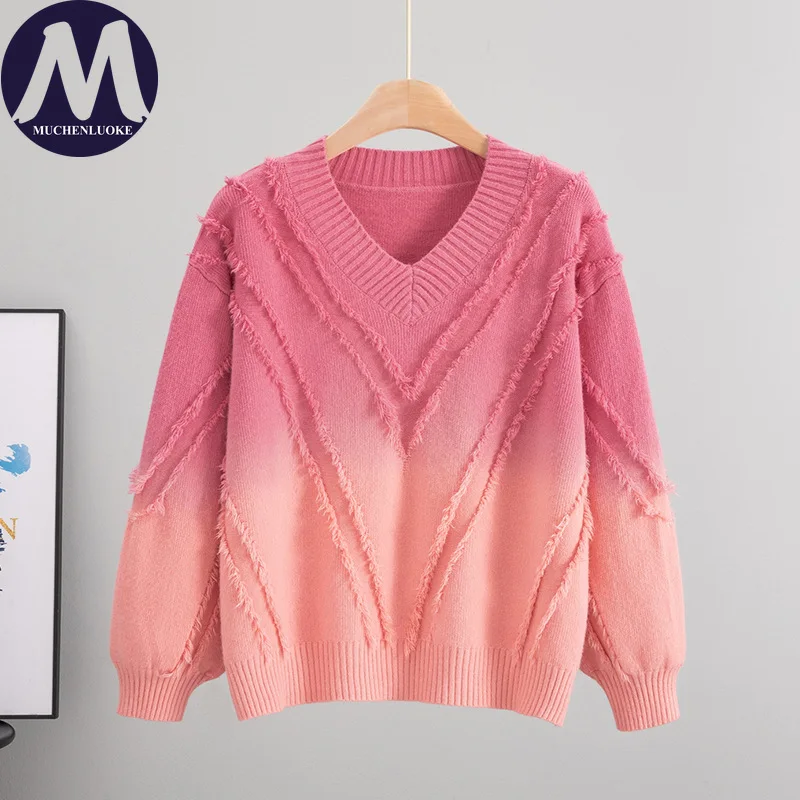 

Женский вязаный свитер градиентного цвета с v-образным вырезом, осень-зима, ленивый стиль, модный повседневный свободный теплый пуловер