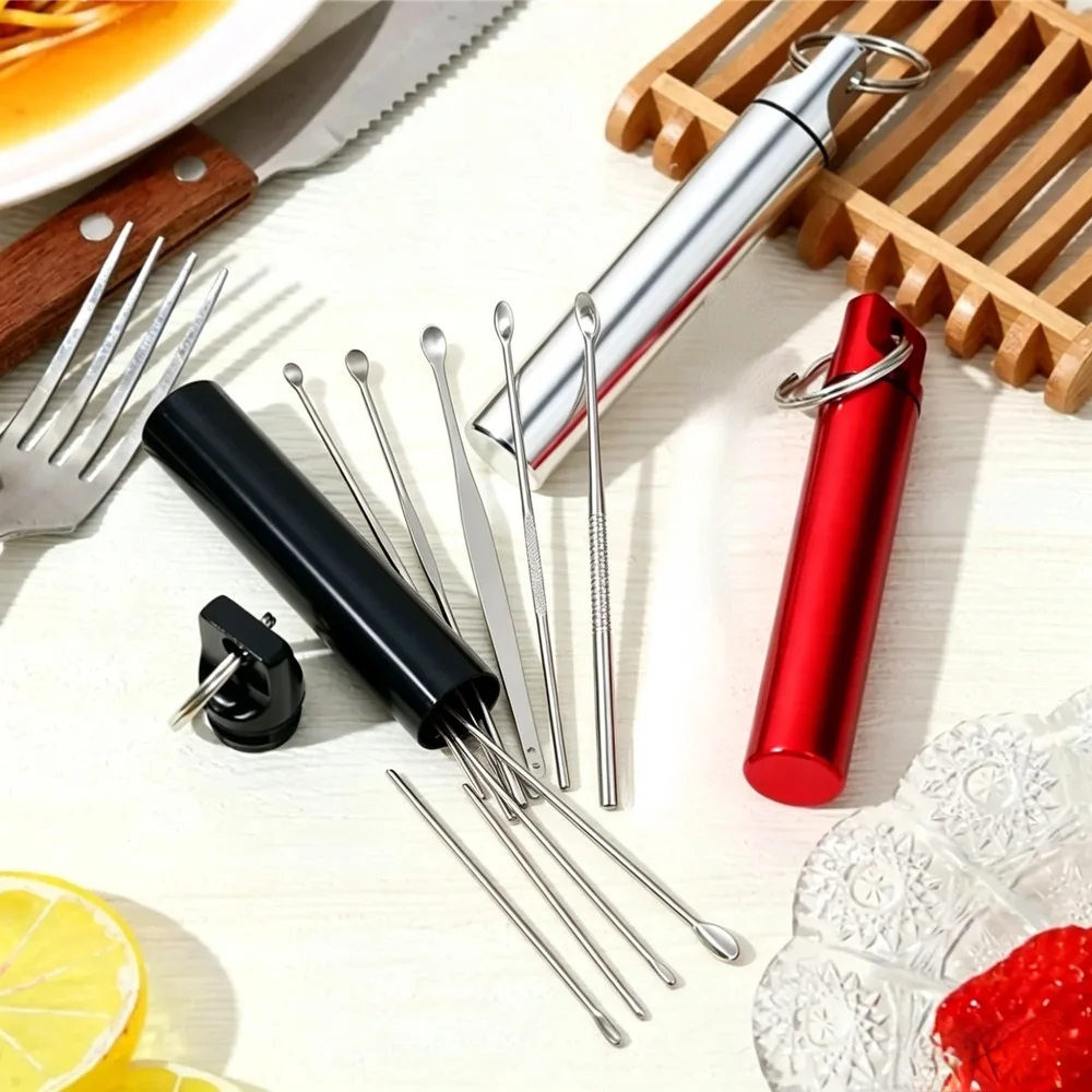New Hot Premium Portable Aluminum Keychain Storage Bottle Waterproof Sealed Metal Ear Pick Cleaner Kit Mini Pocket Ear Spoon Set