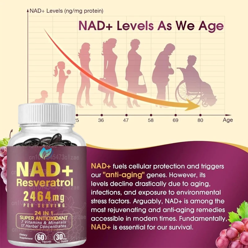 مكمل NAD 2464 ملجم، ليبوسوم NAD+resveratrol، يعزز NAD+مكافحة الشيخوخة، الطاقة، التركيز - كبسولة مضادة للأكسدة فائقة