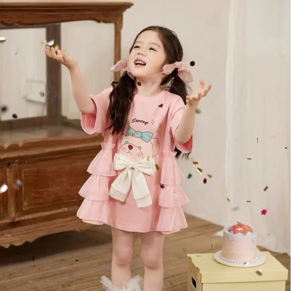 Vestidos informales dulces y encantadores para niña, ropa de verano con lazo de manga corta con estampado de dibujos animados, vestido de princesa para fiesta de cumpleaños