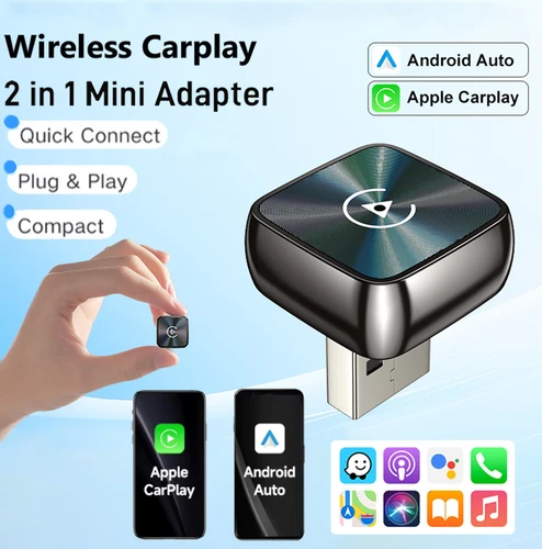 Adaptador Inalámbrico 2 en 1 para CarPlay y Android Auto 2026, Adaptador Inalámbrico con WiFi de 5 GHz, Tipo-C/USB, Plug and Play, Dongle Inalámbrico para CarPlay