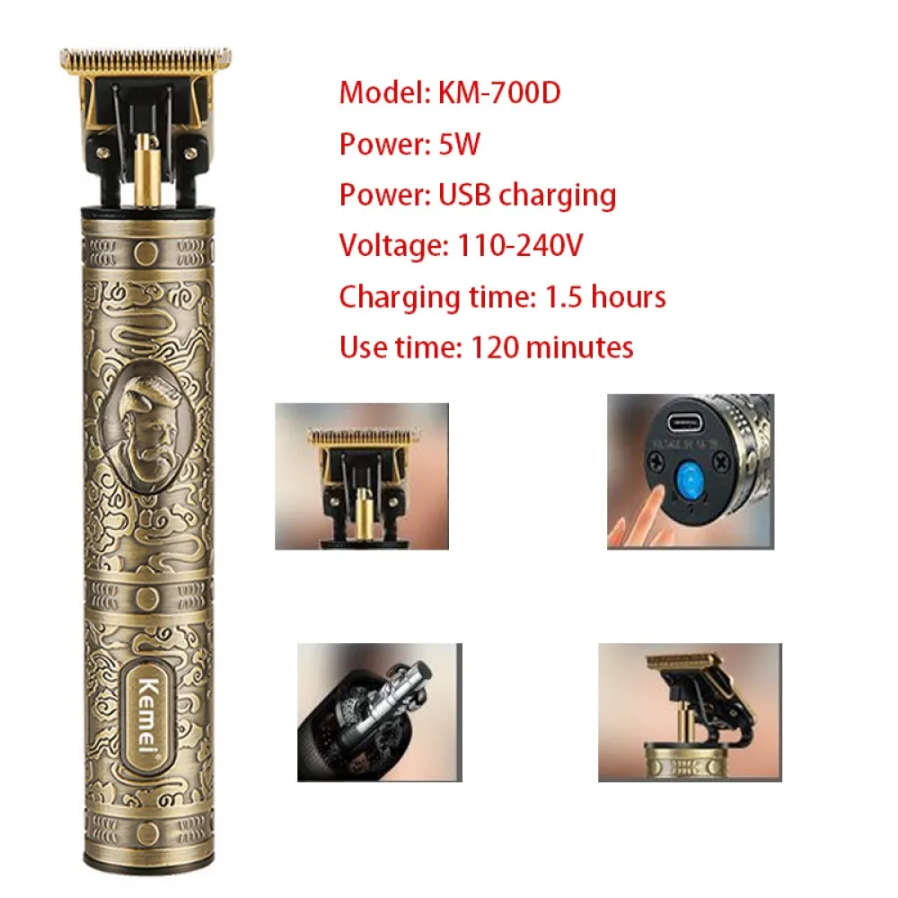 Kemei KM-700D Professional Hair Clipper Barber Hair Trimmer for Men Retro Buddha Cordless Edge Electric Hair Cutting Machine