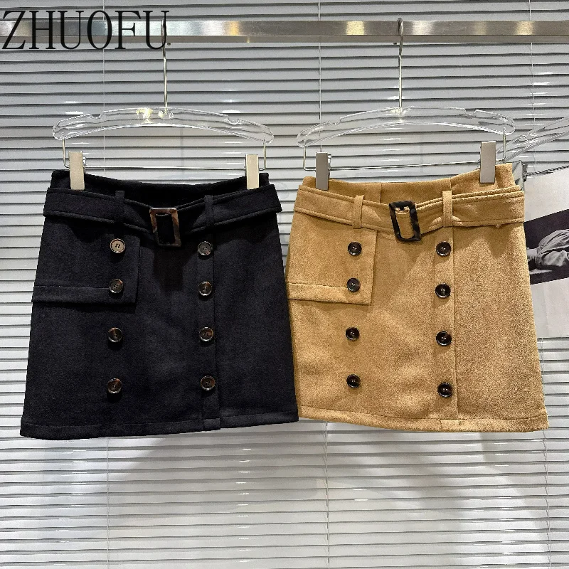 Women's Retro British Style Short Skirt Autumn New Solid Color Double-breasted Buckle Belt Velvet A-line Short Skirts Ladies