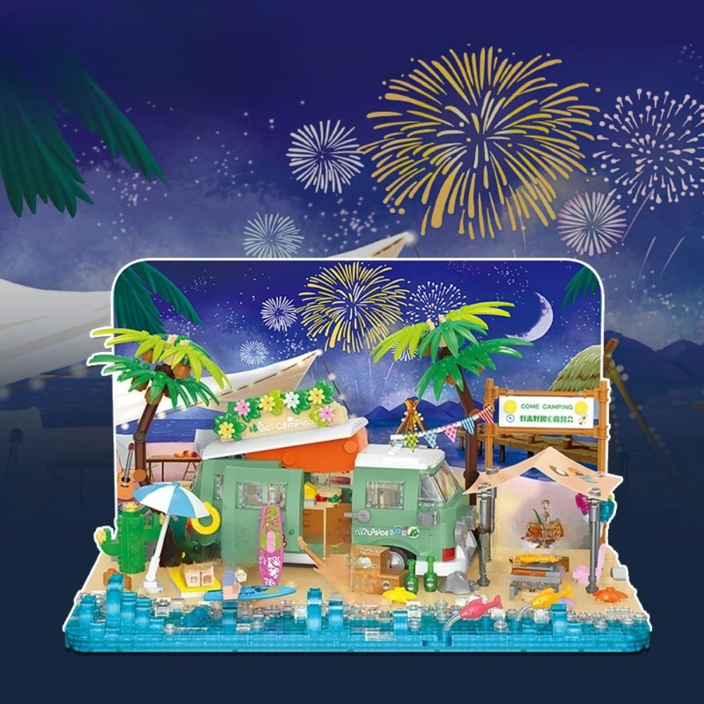 MOC التخييم شاطئ البحر عطلة اللبنات مجموعة شاطئ البرية فيلا شجرة البيت مع ضوء لتقوم بها بنفسك لعب للأطفال هدية عيد #2