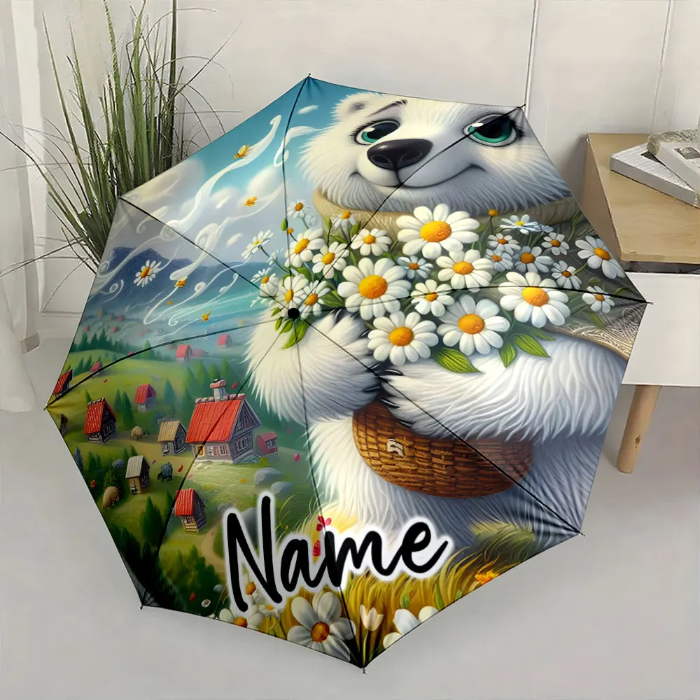 Custom Name  Whimsical Polar Bear and Flowers Illustration Umbrella 8 Iron Ribs Folding Umbrella Auto-Open Fashion Sunshade