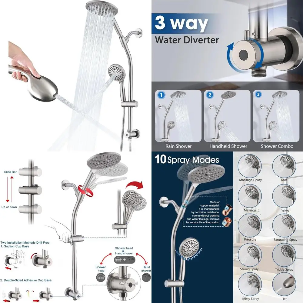

Adjustable 26 Height Handheld Shower Head Set with 3-Way Diverter, Dual Brushed Nickel Combo
