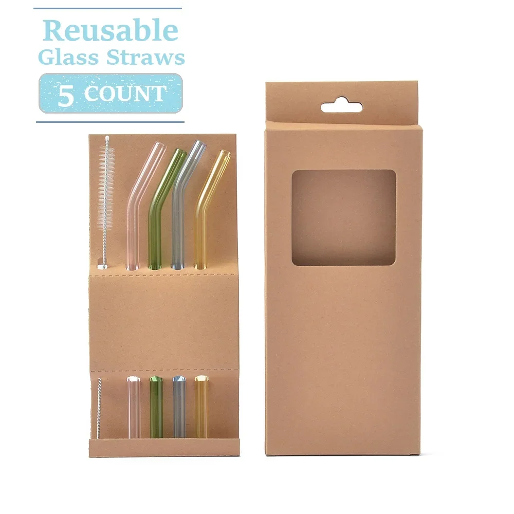 1set Heat Resistant Glass Straws with Brush - Set of 5 - Reusable and Washable,Perfect for Smoothies, Milkshakes, Tea, Juice