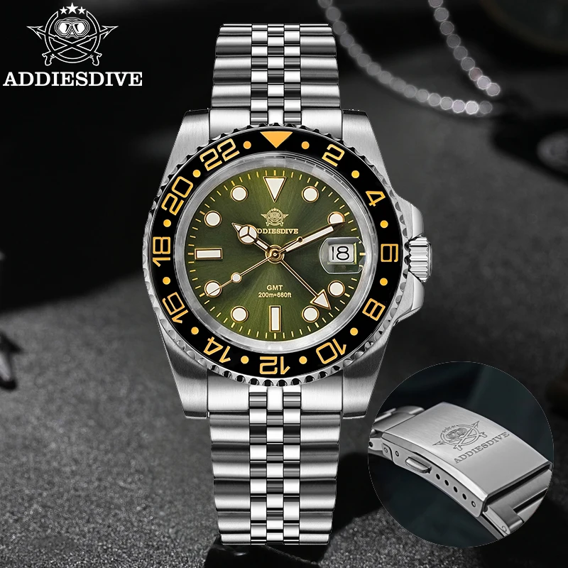 Addiesdive-メンズクォーツ時計,ステンレススチール,GMTムーブメント,アナログ腕時計,bgw9,発光,200m防水,ダイビングスポーツ