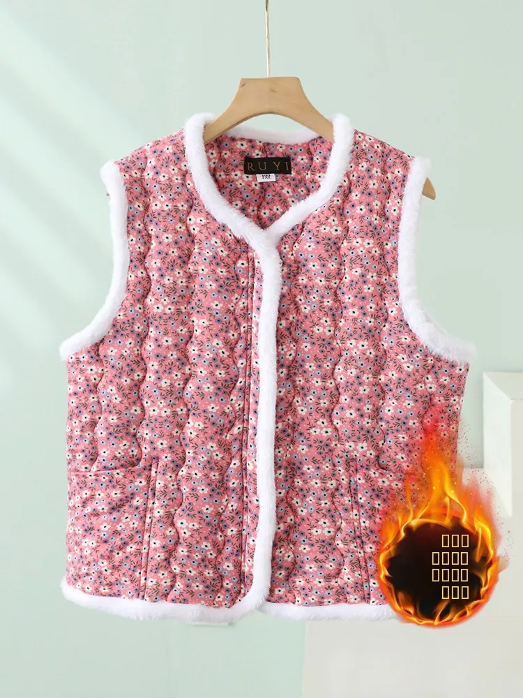 

Women's Winter Fce Lined No Sve Vest Floral Print Cold Proof Large Size Outdoor Wearable Button up oulder Top