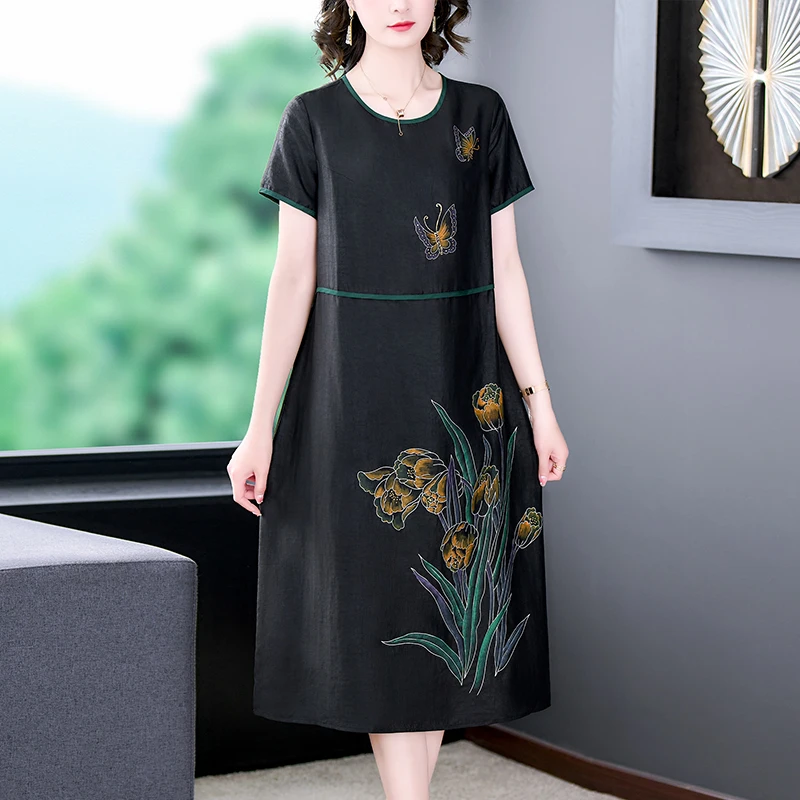 

Women Black Print Natural Silk Maxi Dress Spring Summer Elegant Loose Waist Dress 2023 Korean Vintage Hepburn Evening Dresses