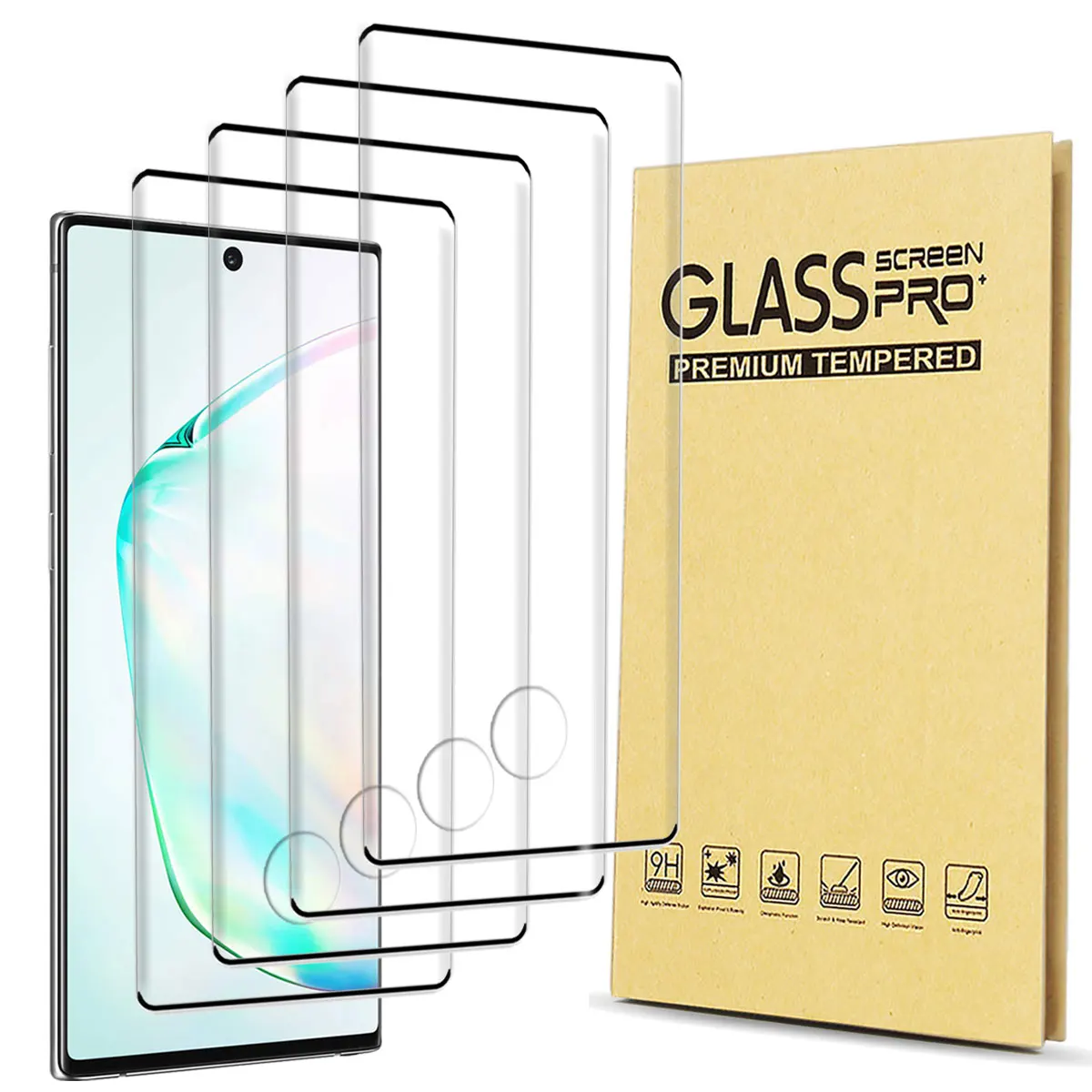 For Samsung Galaxy Note 10/Note 10 Plus 5G Case Friendly Full Coverage Clear Tempered Glass Screen Protectors 4-Pack