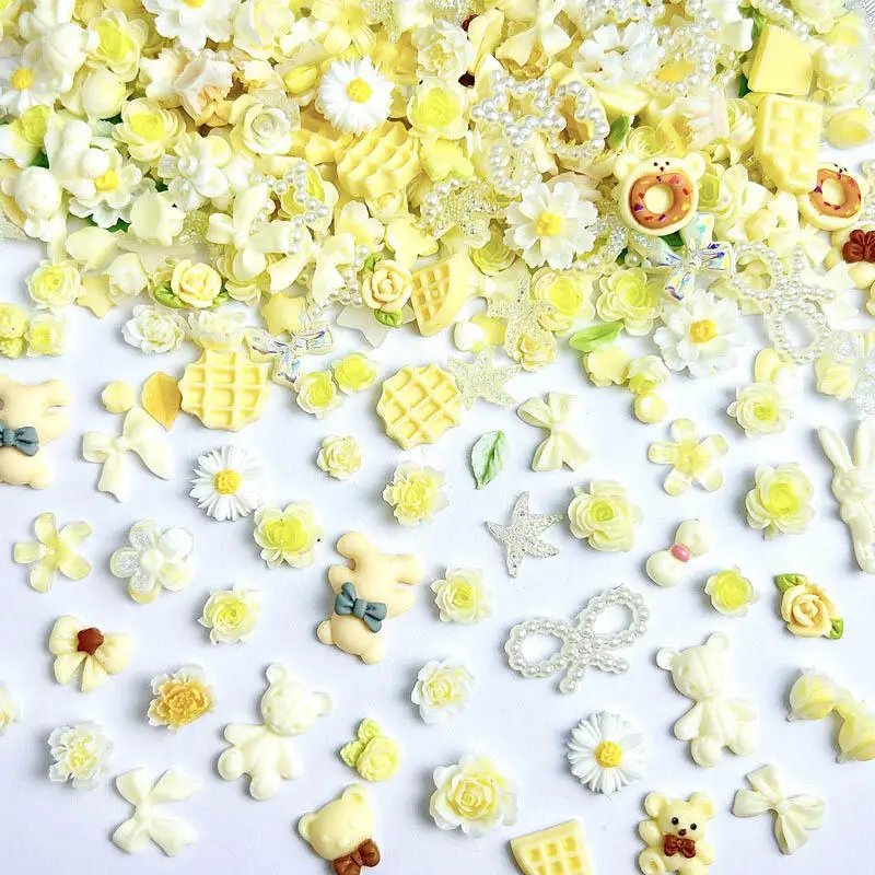Random Mixed Cute Bear Flowers Nail Art Decorations Resin Creamy Yellow Bow Waffle Gentle Style Nail Charms DIY Manicure Crafts