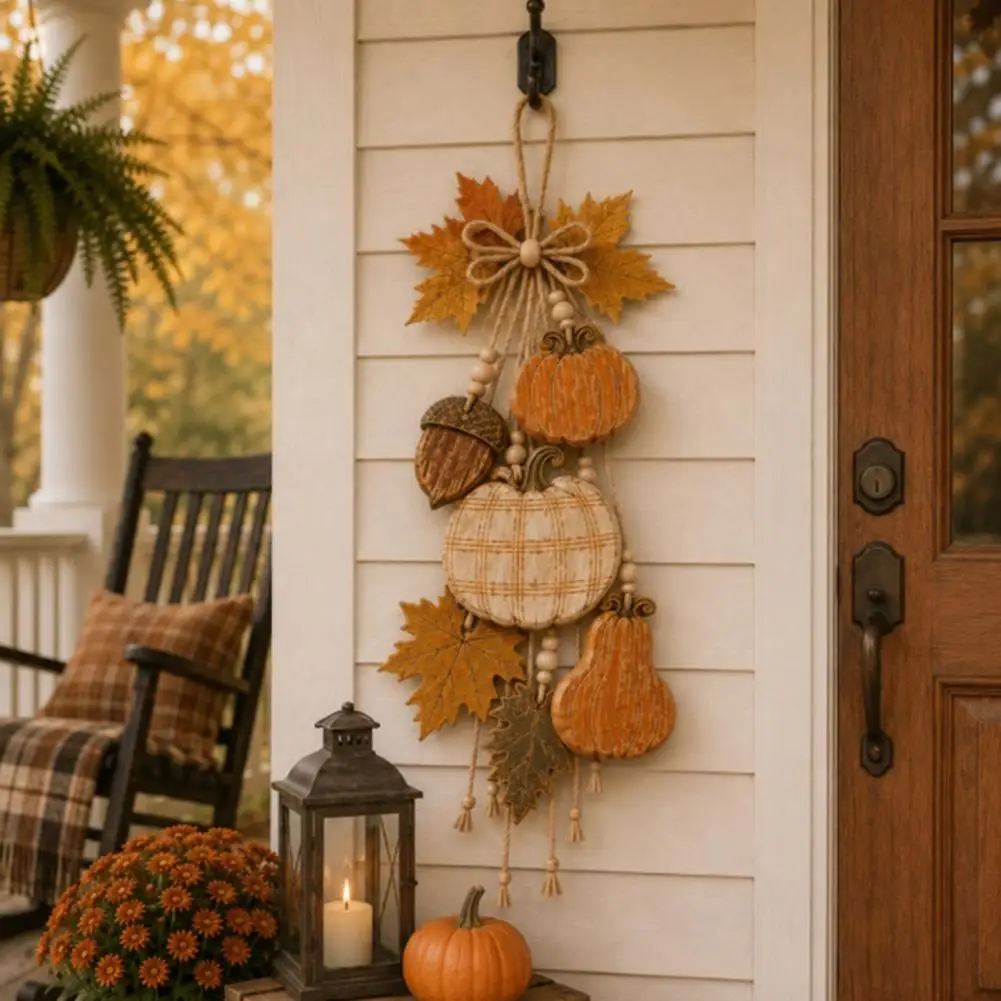Rustic Pumpkin Hanging Swag Wooden Ornament Optional Warm LED Lights Fall Front Door Hanger Farmhouse Wall Decor