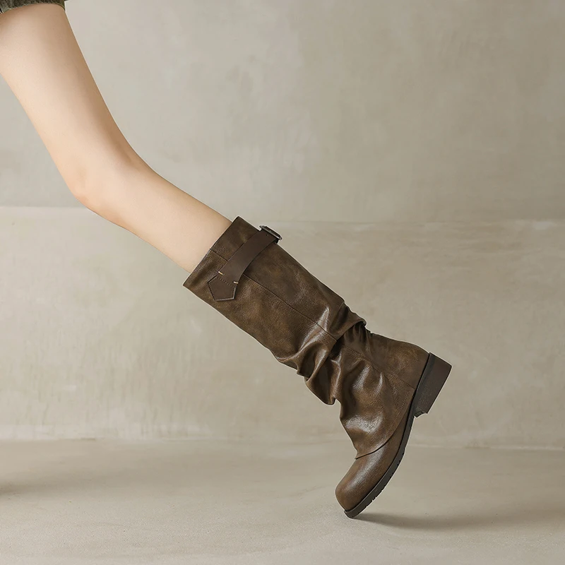 2024 jesienne buty damskie solidne zimowe buty damskie eleganckie buty do kolan Split skórzane plisowane Retro do połowy łydki buty zachodnie