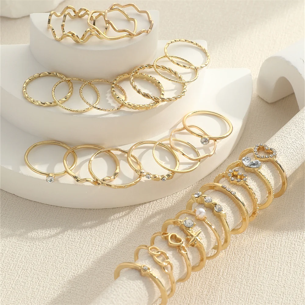 28pcs/Set Fashionable Heart Love Star Rhinestone Simple Wave Metal Circle Hollow Geometric Multi-Element Style Rings For Women image 3