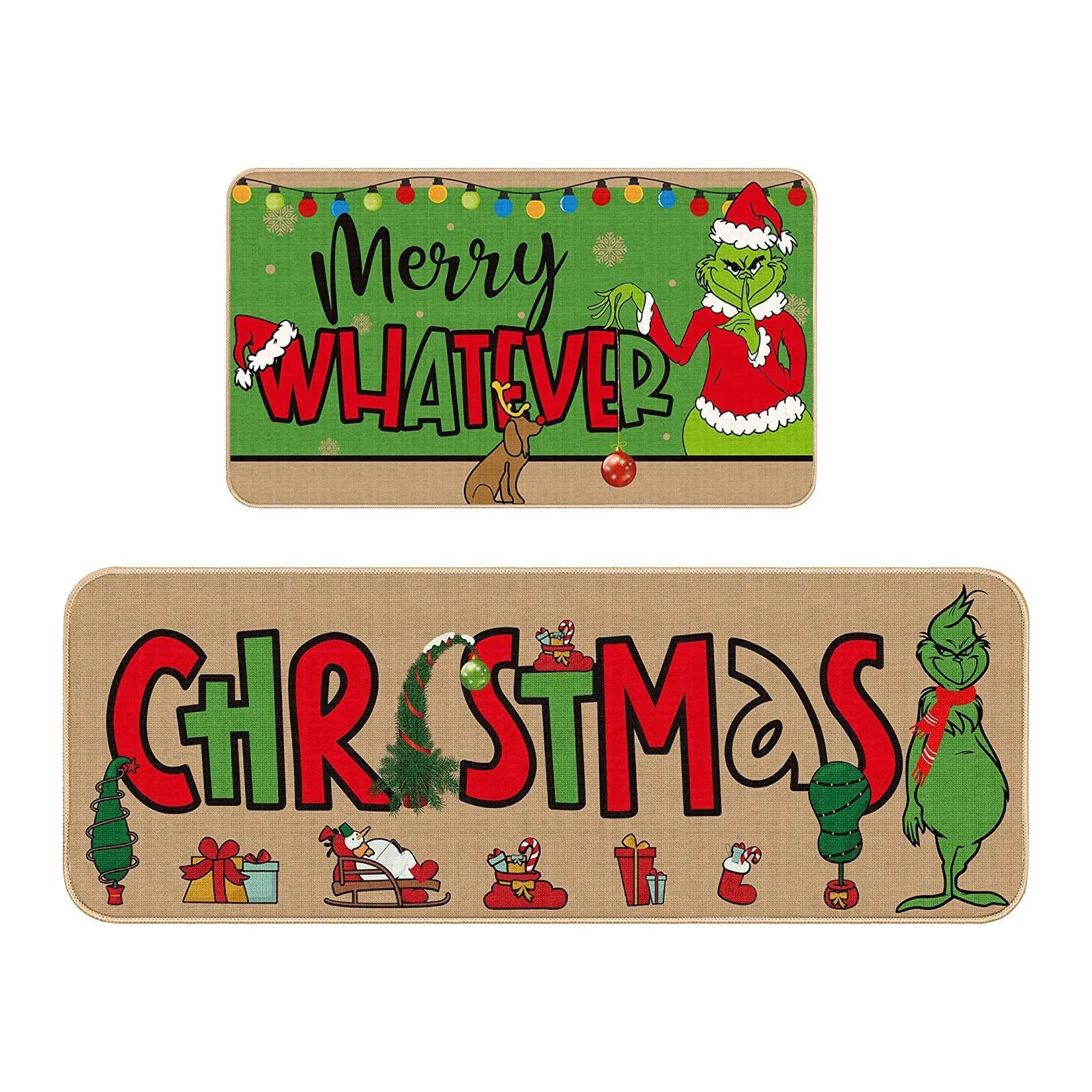 VIKAMA 2 قطعة عيد الميلاد غرينش البساط مجموعة مقاومة للبقع وعدم الانزلاق مدخل المدخل ممسحة المطبخ وغرفة الغسيل البساط ديكور المنزل