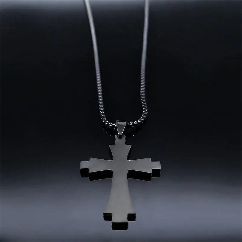 HNSP Vintage Black Cross Stainless Steel Pendant Chain Necklace For Men Jewelry Goth Accessories