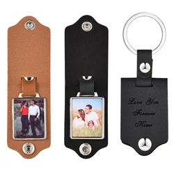 Vnox Custom Photo Keychains for Men,Black Brown PU Leather Key Chains,Image Picture Insert Keychains,Family Gift for Him Husband