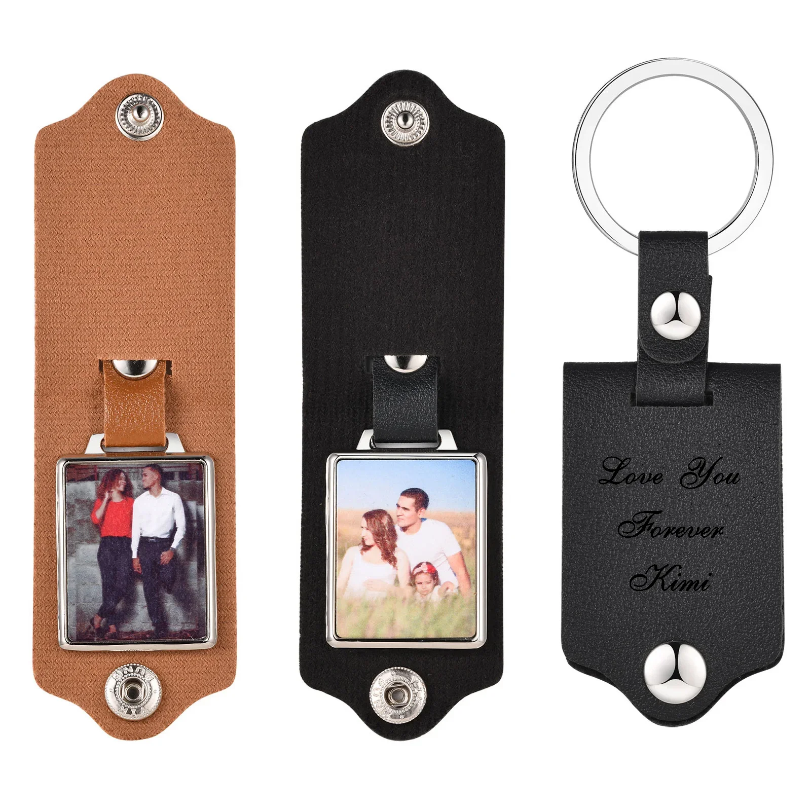 Vnox Custom Photo Keychains for Men,Black Brown PU Leather Key Chains,Image Picture Insert Keychains,Family Gift for Him Husband