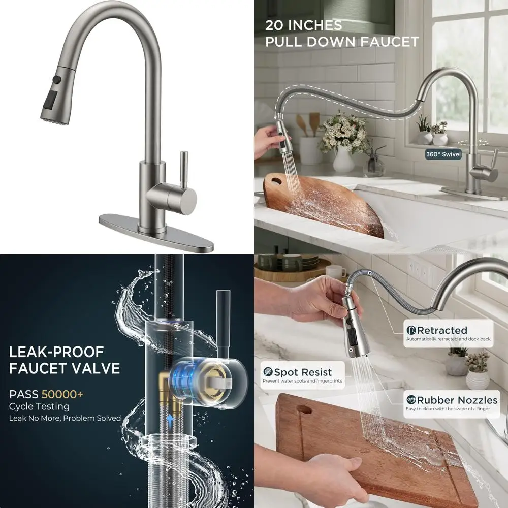 

High Arc Brushed Nickel Pull-Down Spray Kitchen Faucet, Single Handle Stainless Steel, Suitable for Farmhouse, Camper, RV, 1 or