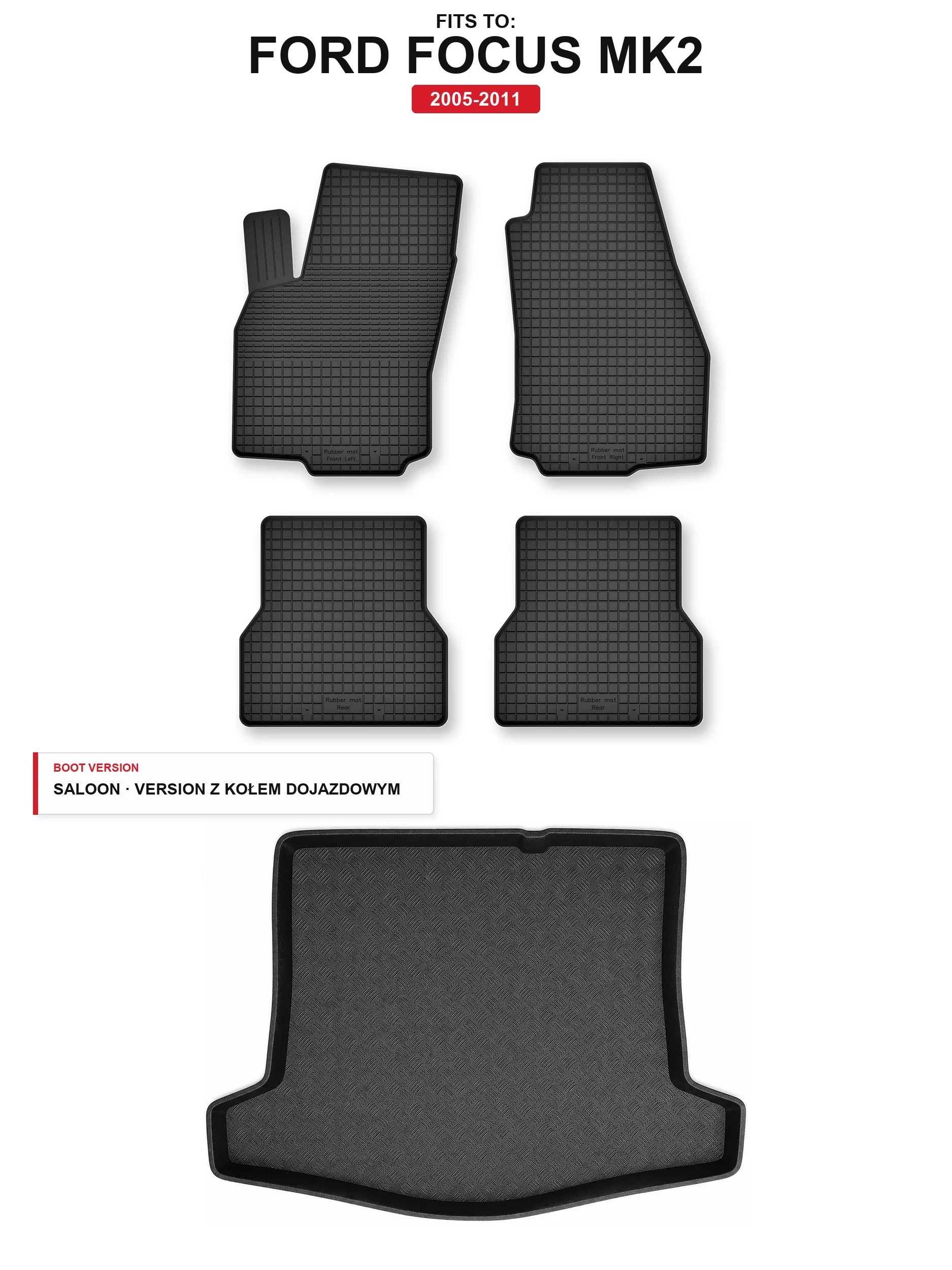 Tapijtmatten in de kofferbak + kofferbakmat voor: Ford Focus Mk2 2005-2011 5 El.
