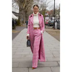 Blazer pied-de-poule rose pour femme, revers Patricia, formel, décontracté, fête de Rh, manteau allongé, mode