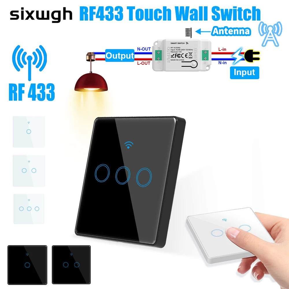 

SIXWGH 1/2/3 Gang FR433 Smart Switch Kit for Tuya Compatible Wireless Wall Switch ABS Material 10A Voice App Remote Control