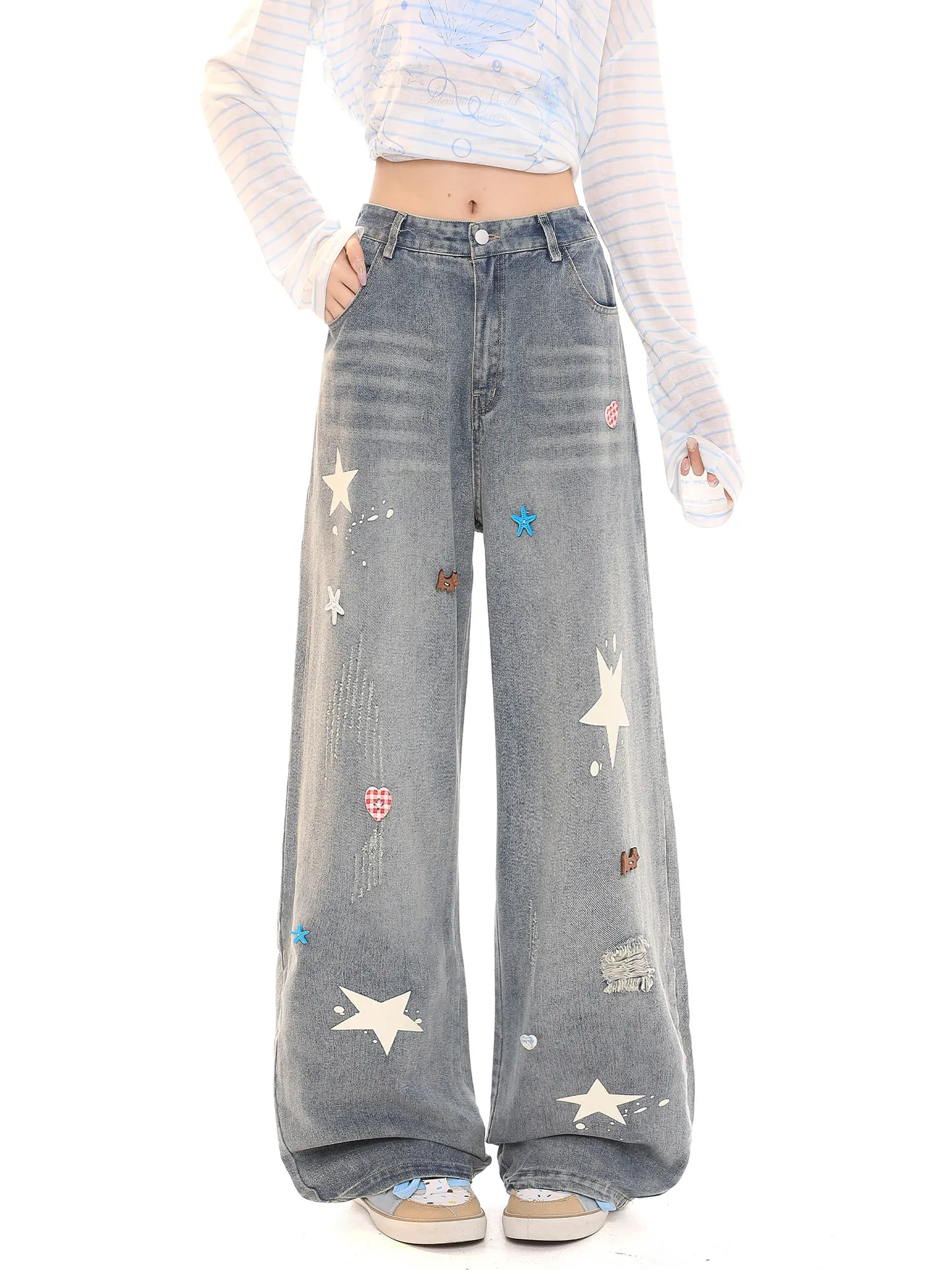 

Retro American Embroidered Denim Jeans Women Loose Slimming Versatile Wide Leg Long Pants Spring Season Star Pattern
