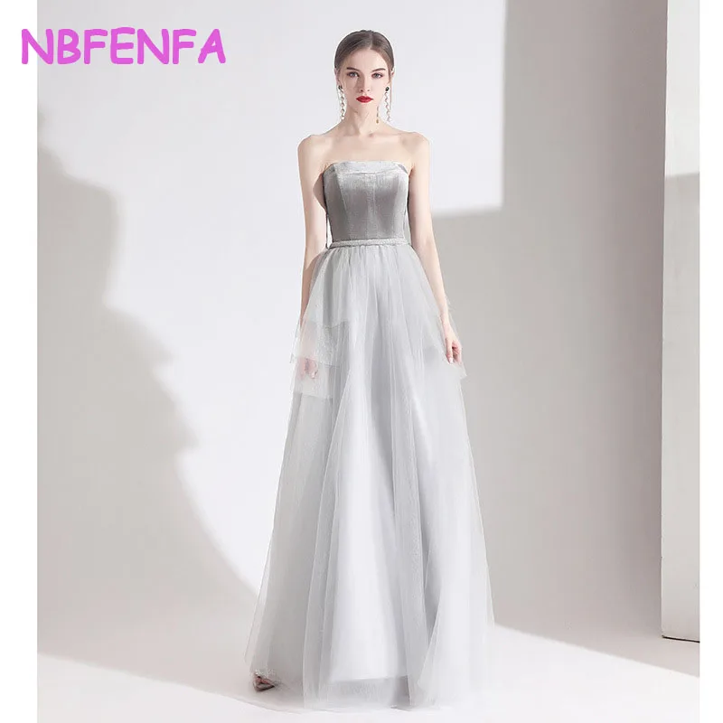 NBFENFA Banquet Evening Dress Grey Tube Top Elegant Party Formal Dresses Plus Size Women Ladies Vestidos De Noche Juveniles