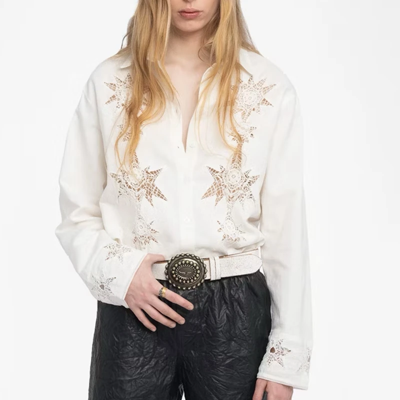 

Women's shirt, new autumn product of 2025, French romantic pentagram hollow pattern white long sleeved top