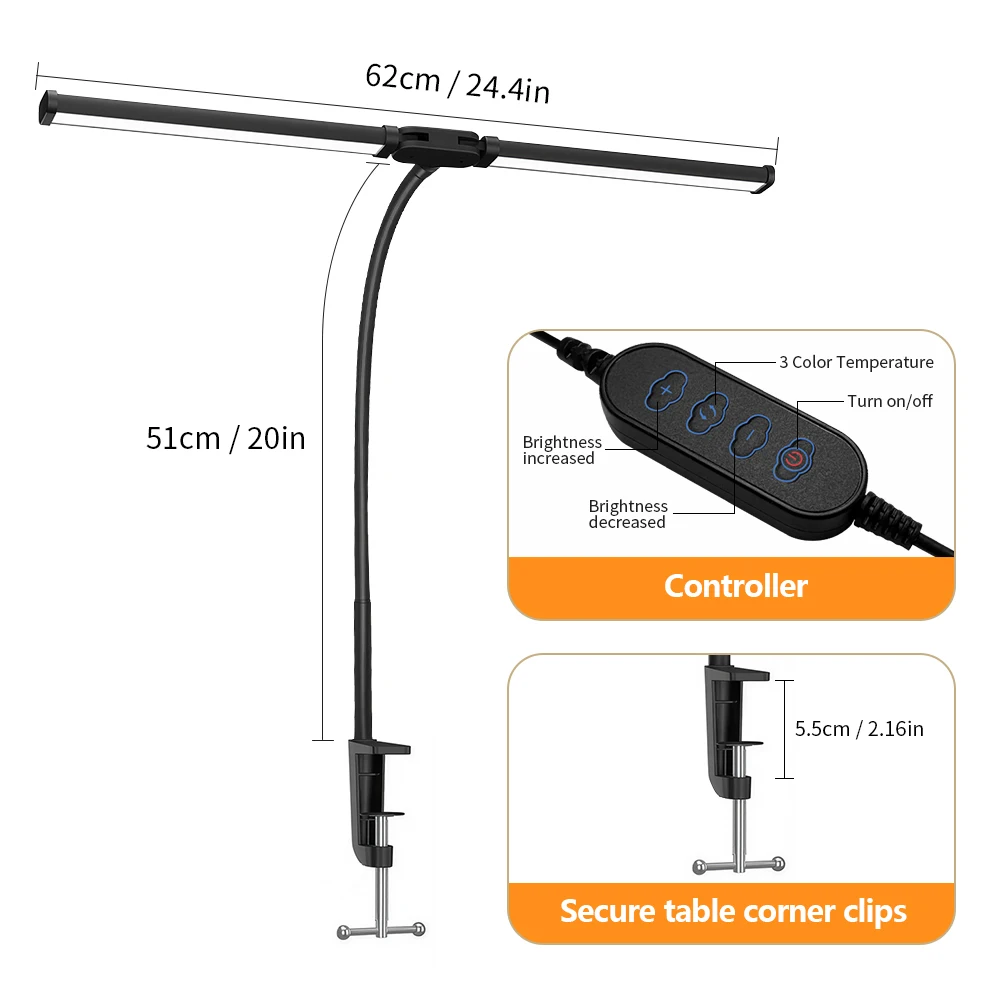 3/2/1-Kopf Augenschonende Architektenlampe mit Klemme, Computermonitor-Leuchte mit Flexiblem Schwanenhals, Farbverstellbare Tischlampe für Zuhause und Büro