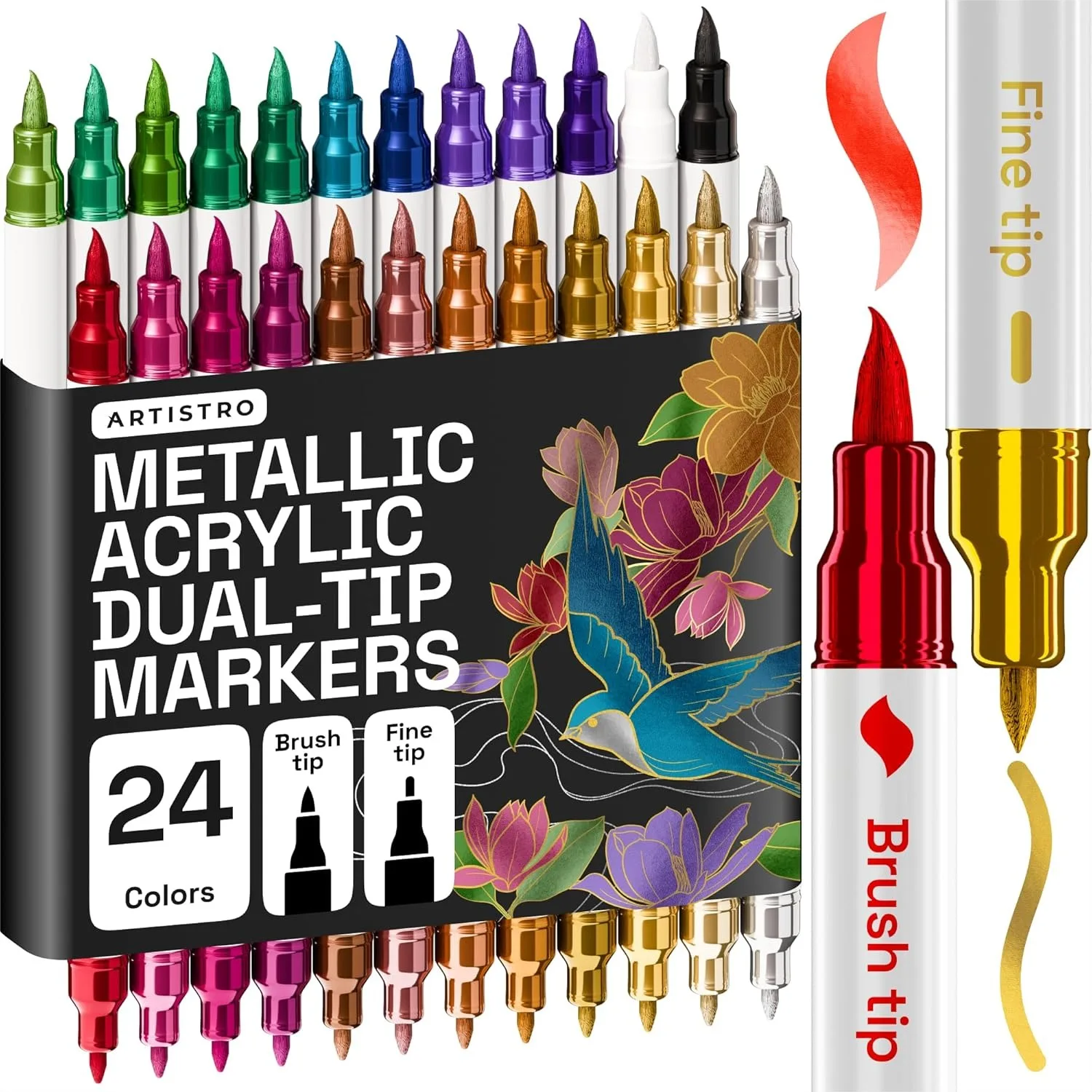 

24 Metallic Acrylic Paint Markers with Brush and Fine Tips for Drawing on Fabric, Rock, Glass, Wood, DIY Art Supplies