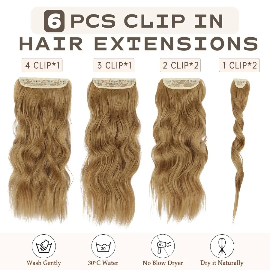 وصلات شعر كليبين قوية 20 بوصة البسكويت البني الاصطناعية متموجة الشعر للنساء المظهر الطبيعي الامتلاء والحجم في