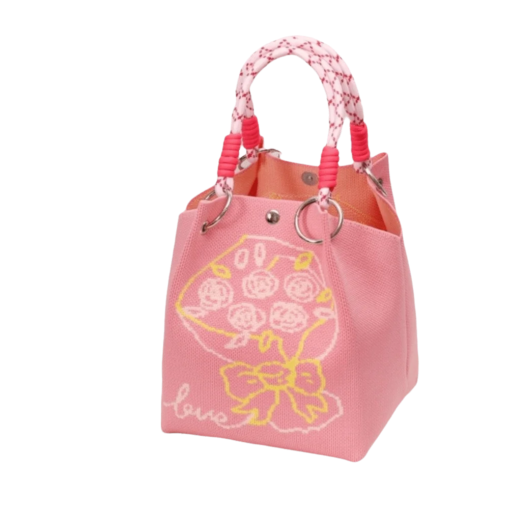 

Portable Cartoon Knitted Bucket Bag Handmade Woven Ring Buckle Wrist Bag Large Capacity Tote Bag for Women Girls