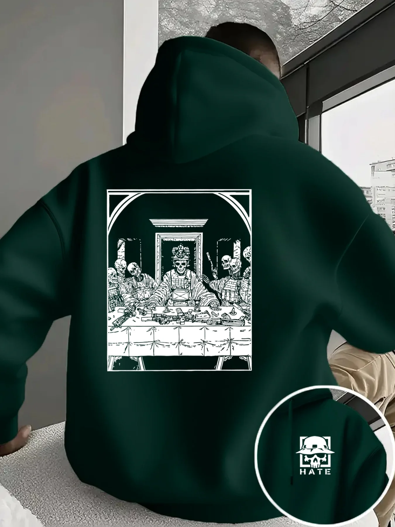 Herren Sport Hip-Hop Hoodie mit Skelett-Last-Supper-Rückendruck, Streetwear, lockerer Fleece-Pullover, lässiges Herren-Outfit – Detail 4