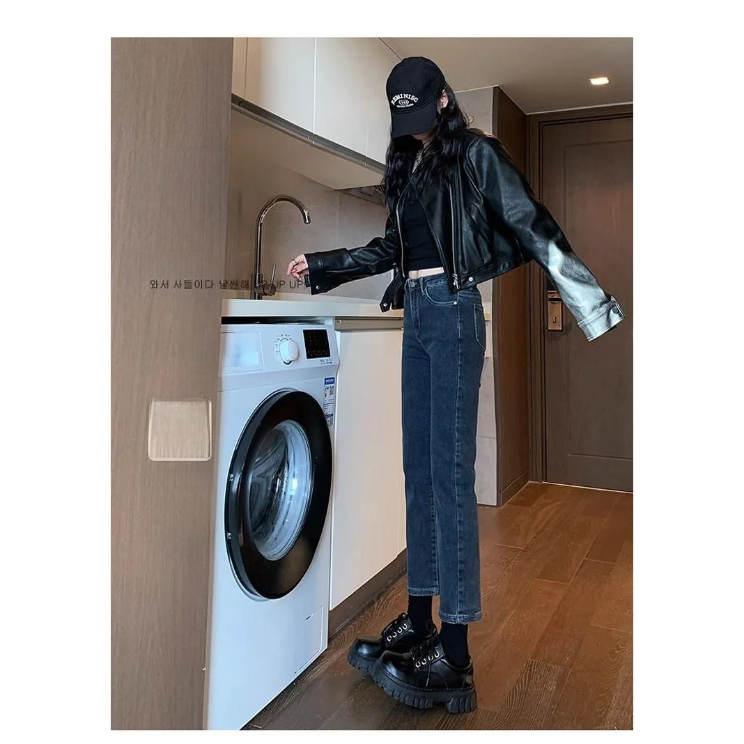 

Женские прямые джинсы на подкладке Fce с высокой талией, зимние новые утягивающие универсальные брюки ort Size e Tube