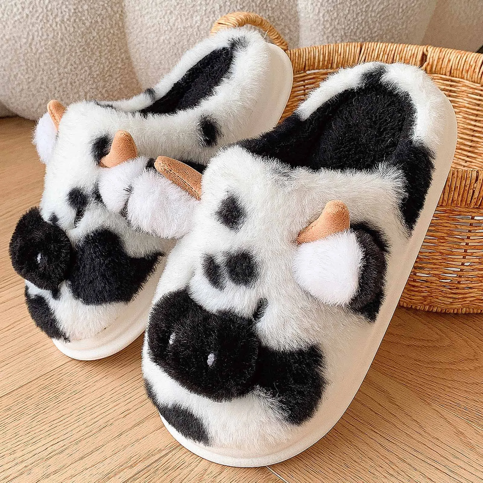 Couples Men Women Slip On Furry Flat Home Winter Round Toe Keep Warm Spotted Cute Cow Non Slip Comfortable Slippers Shoes