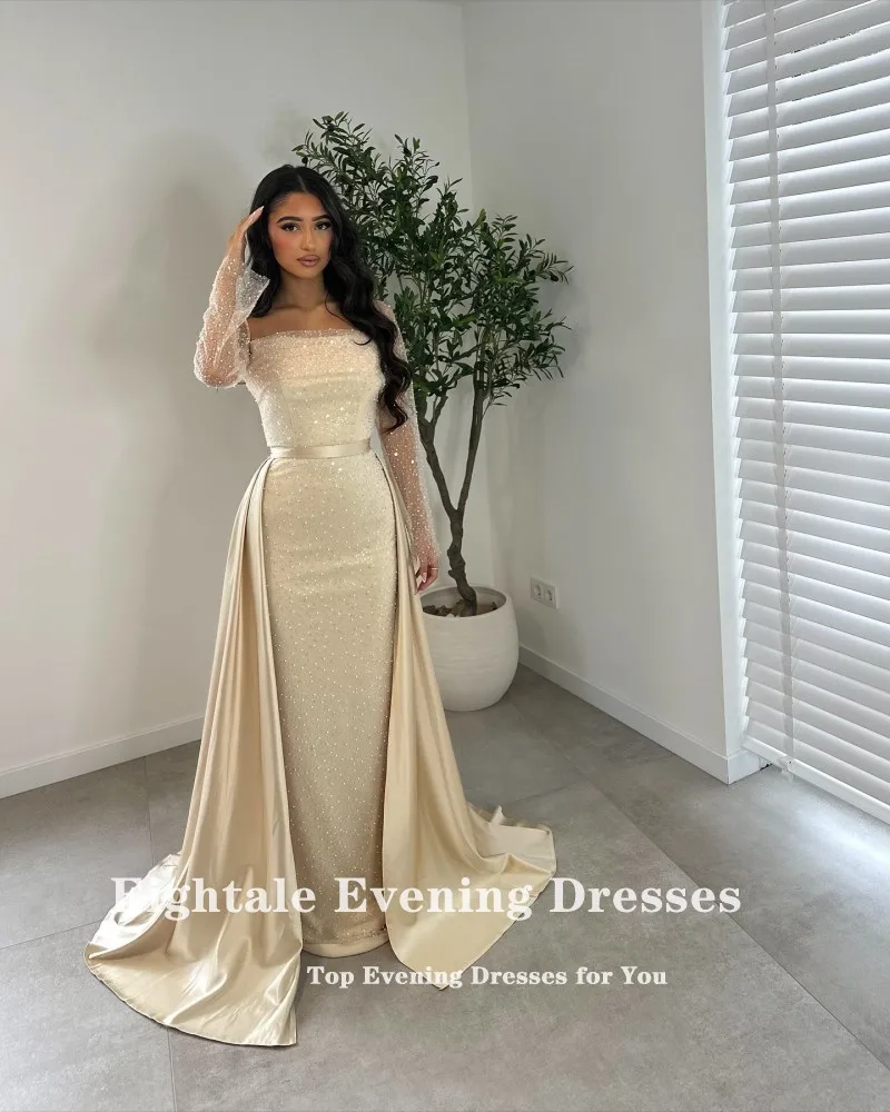 Eightale Luxury Evening Dresses Long Sleeves Sequin Mermaid Prom Gown with Detachable Skirt Customized Wedding Party Dress