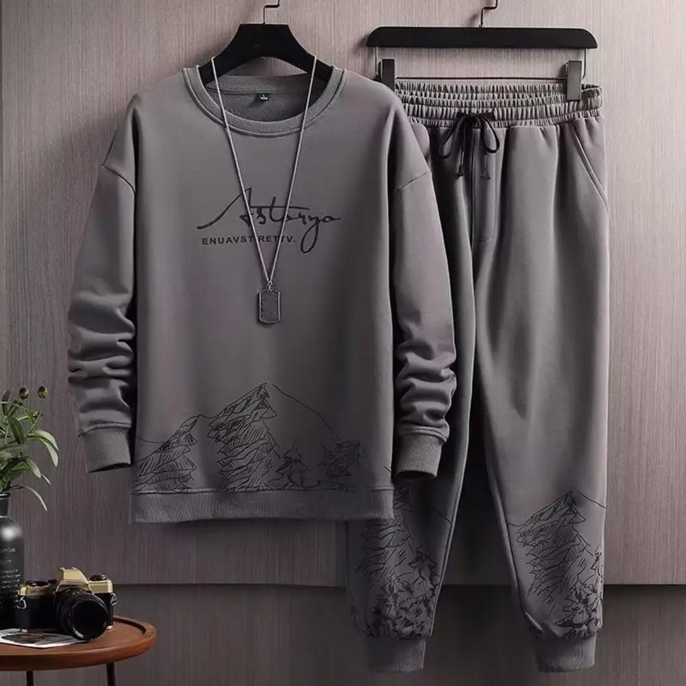 Men Sweatshirt Pants Set Elastic Waist Drawstring Trousers Set Mountain Print Men's Casual Tracksuit Set Jogger Pants Set