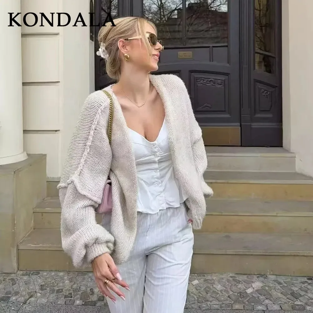 

KONDALA 2025 Fall Winter Women Open Stitch Sweaters Fashion Christmas Solid Knitted Beige Ladies Wedding Guest Sweater Coats