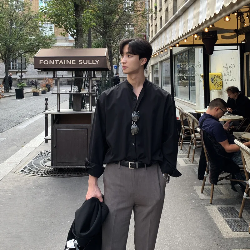 

Мужские черные однотонные повседневные деловые рубашки с длинным рукавом и воротником-стойкой, свободного кроя, в новом модном стиле, весна-лето