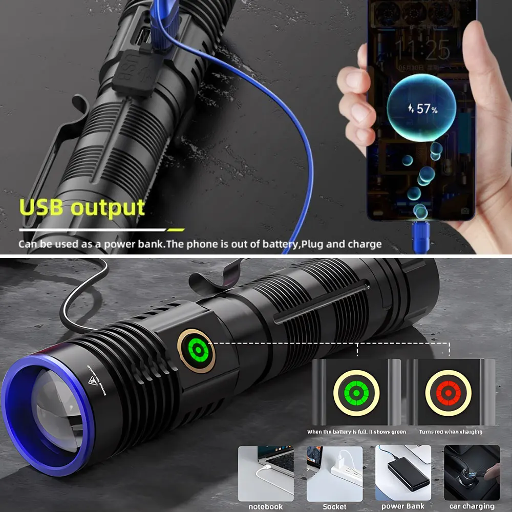 Powerful Tactical Flashlight Green Red LED Flashlight Five Colors Bright Spotlight Long Range Zoomable Emergency Torch Outdoor