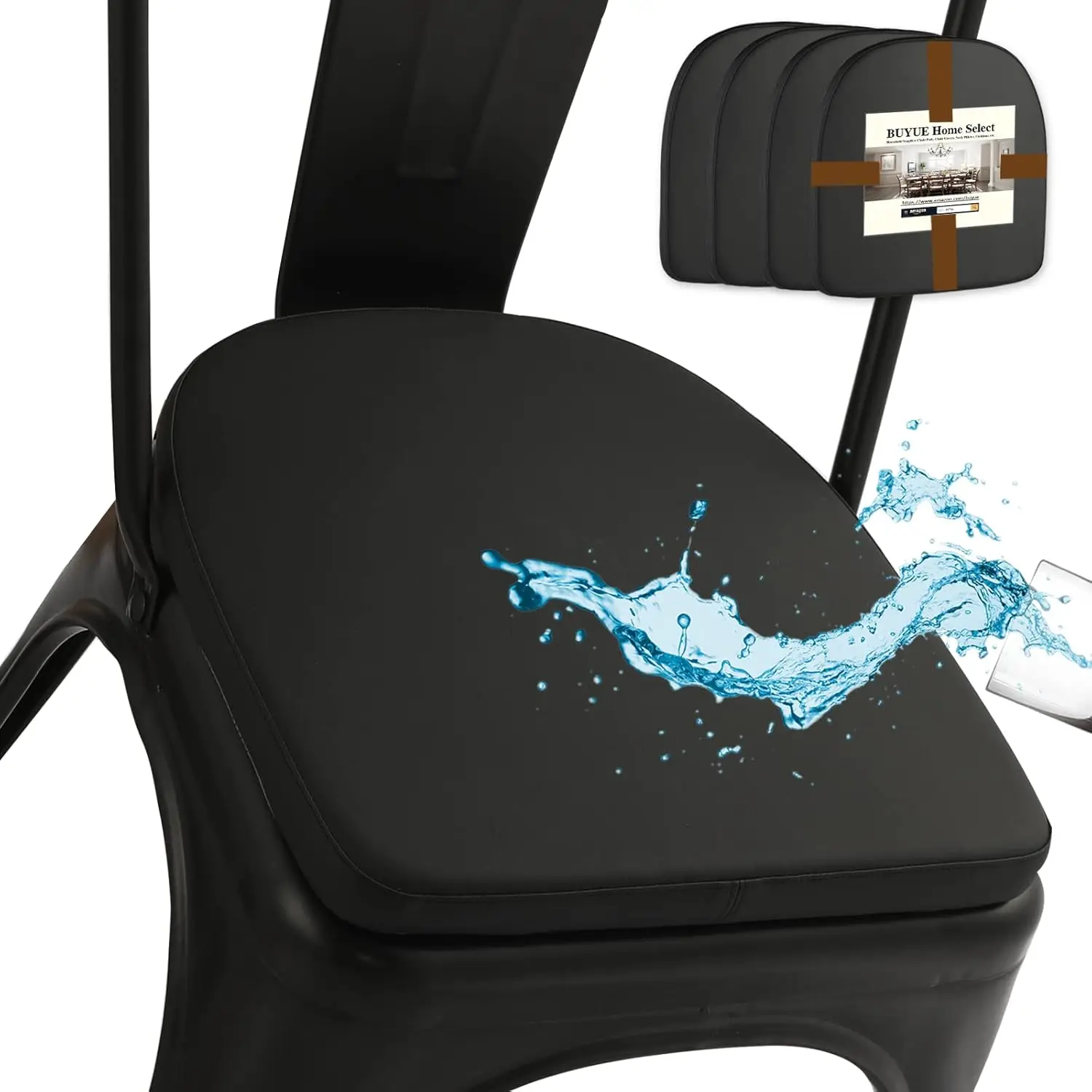 

14" Metal Chair Cushions with Magnetic Set of 4, Waterproof PU Leather Anti-Slip Seat Pads for Dining Stackable Chairs (Black)