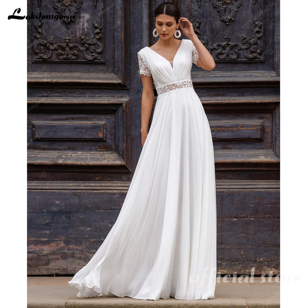 Lakshmigown Bohemian A-Linie Hochzeitskleider Chiffon Brautkleider Brautrobe Applikationen Kurze Ärmel Vestidos De N Maßanfertigung – Detail 5