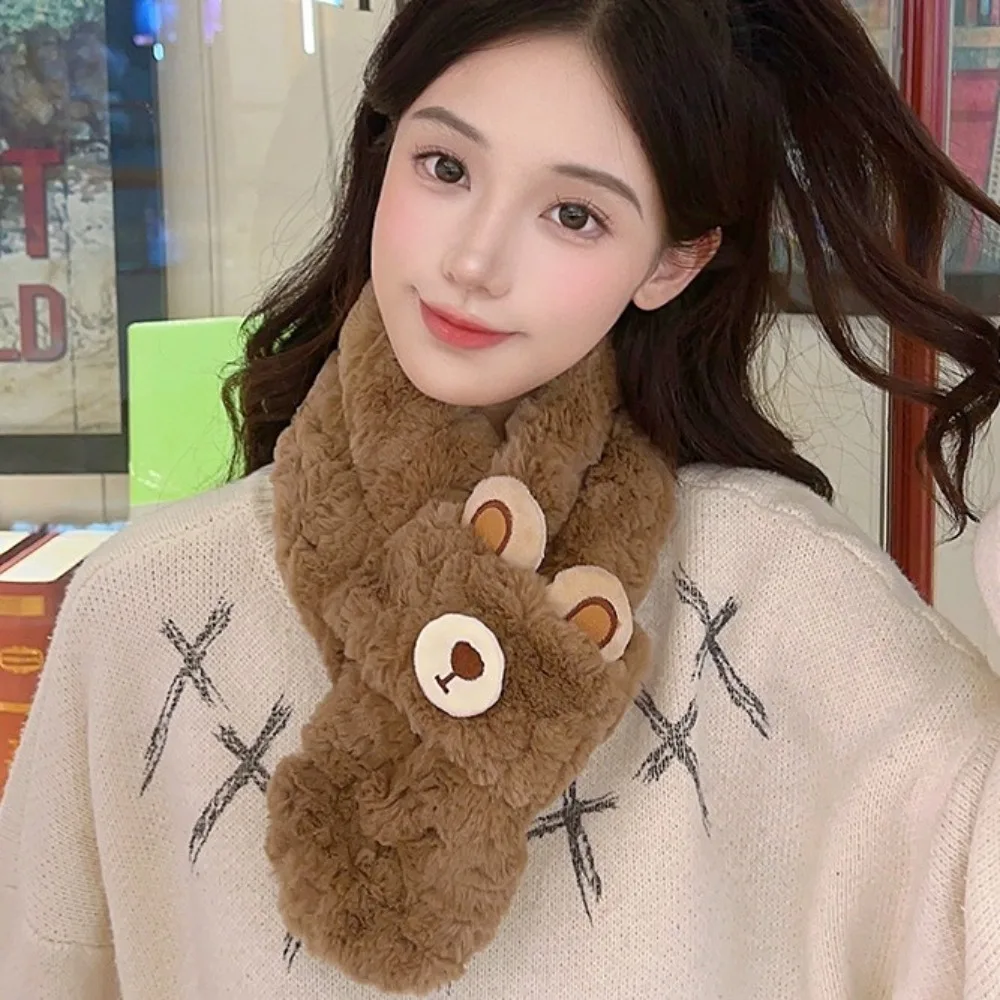 Cartoon Bear Women's Winter Scarf Thicken Solid Color Cross Neck Scarf Winter Protection Korean Style Cute Plush Neckerchief