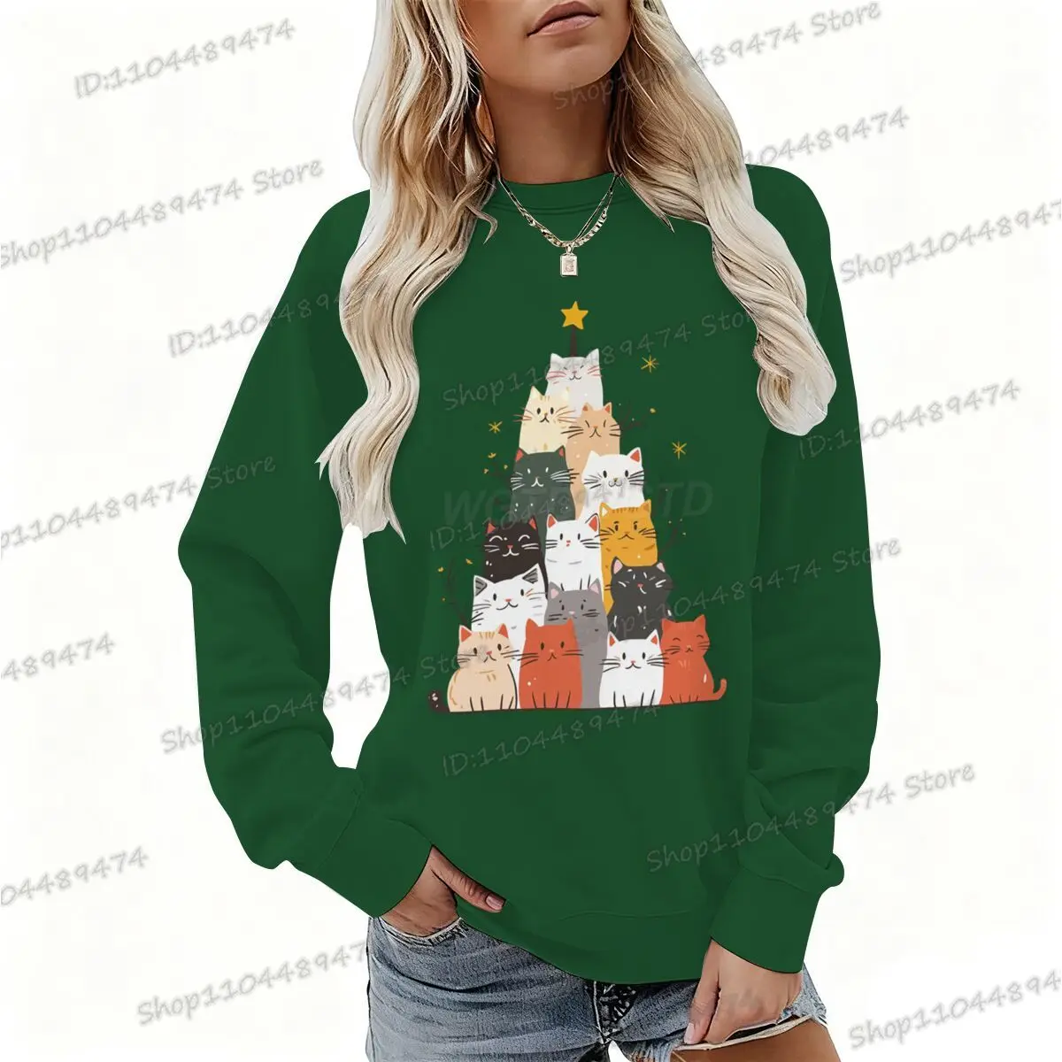عيد الميلاد شجرة القط نمط الرجال المرأة البلوز أنيمي الحيوان عيد الميلاد البلوز الخريف الشتاء طويلة الأكمام طاقم الرقبة بلوزات