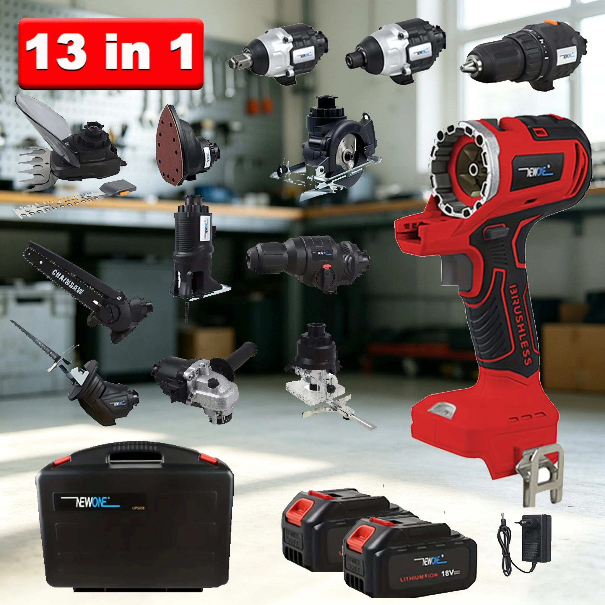 Bürstenloser Multifunktions-Bohrer-Kombi-Set, 13-in-1-Bohrer mit austauschbaren Aufsätzen, inklusive Schlagschraubendreher, Schlagschraubenschlüssel, Winkelschleifer, Hammer, Säbelsäge, Stichsäge,